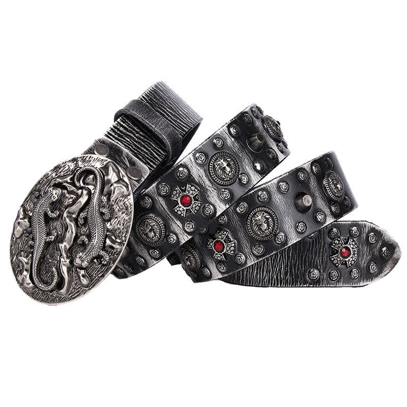 Ceinture en cuir cloutée à ornement lion rubis pour homme