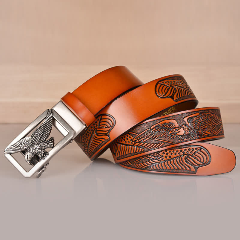 Ceinture en cuir gaufré à boucle aigle creuse pour homme