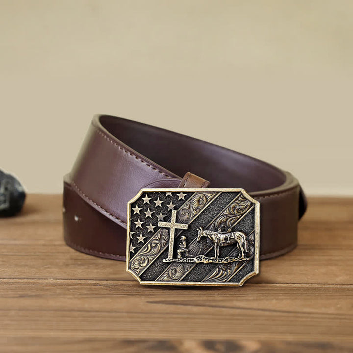 Ceinture en cuir à boucle de cheval avec croix de prière et drapeau américain pour homme