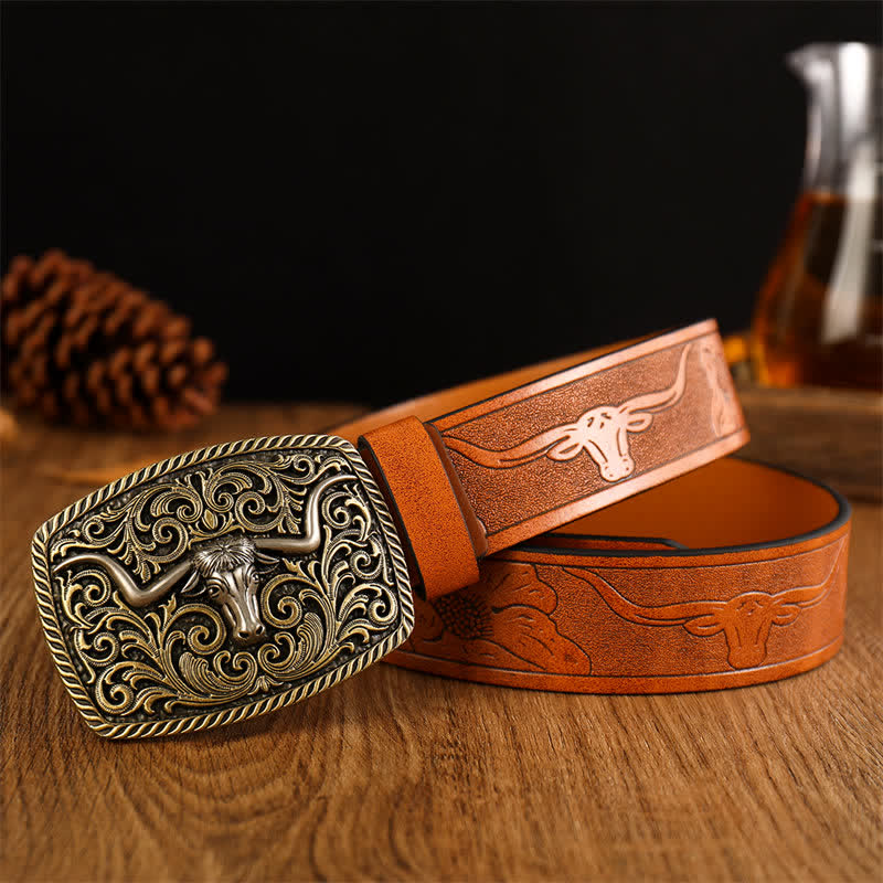 Ceinture en cuir à boucle carrée et fleur pour homme