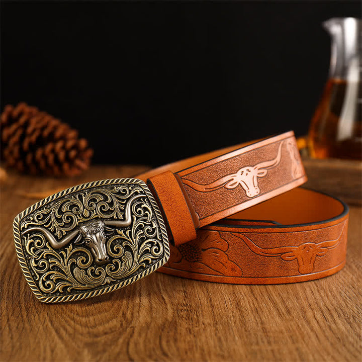 Ceinture en cuir à boucle carrée et fleur pour homme
