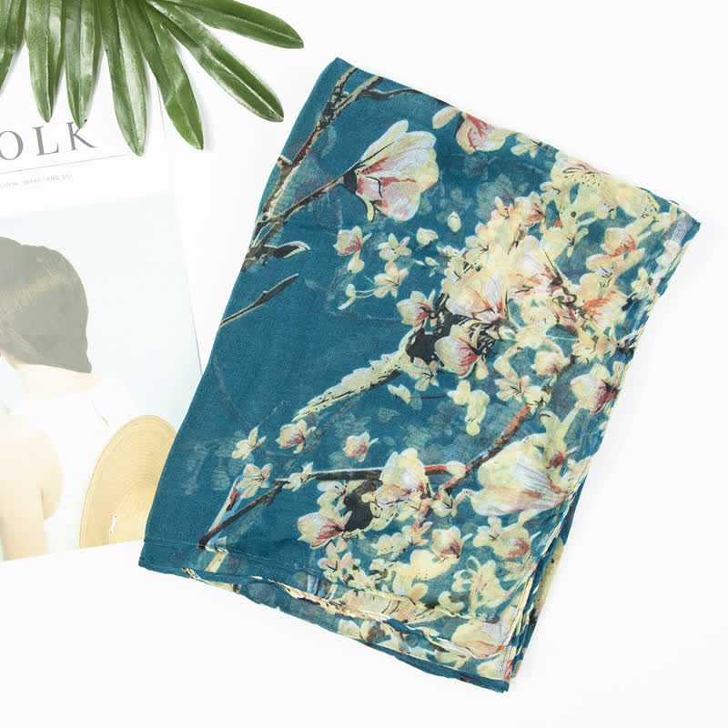 Écharpe légère à imprimé floral et oiseaux pour femme