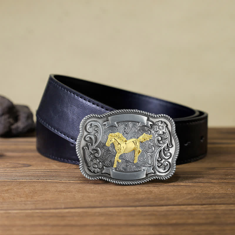 Ceinture en cuir à boucle animalière sculptée en or pour homme - Cheval - Ceinture en PU noir (40) - image 3