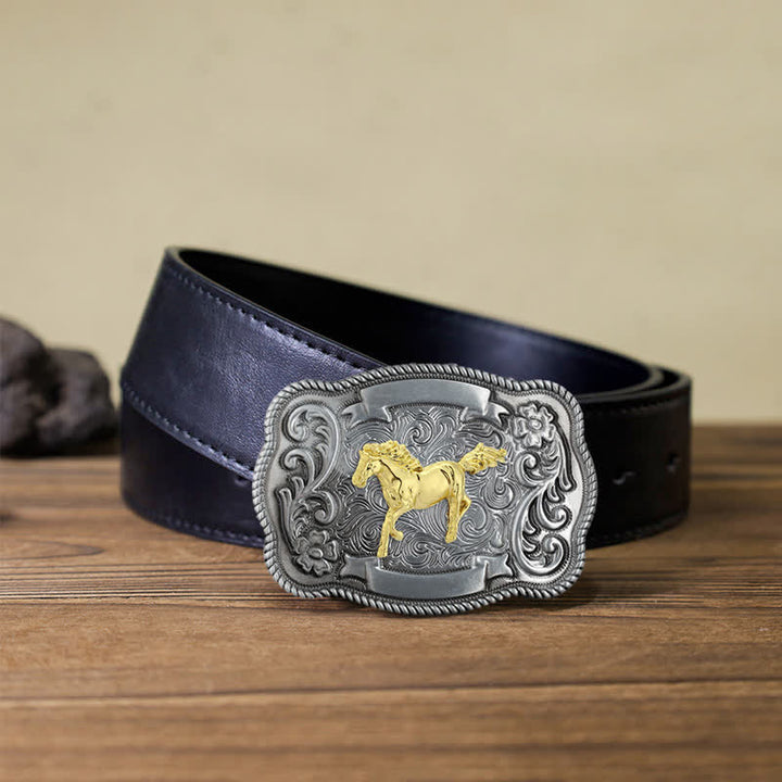 Ceinture en cuir à boucle animalière sculptée en or pour homme - Cheval - Ceinture en PU noir (40) - image 3