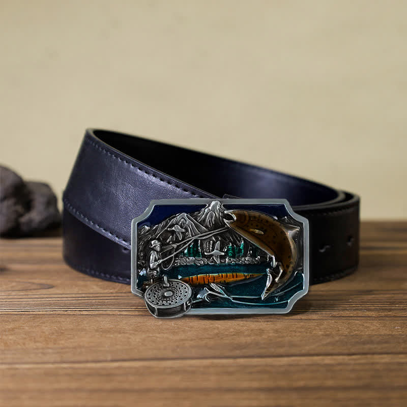 Ceinture en cuir à boucle rectangulaire en émail pour homme avec motif de pêche