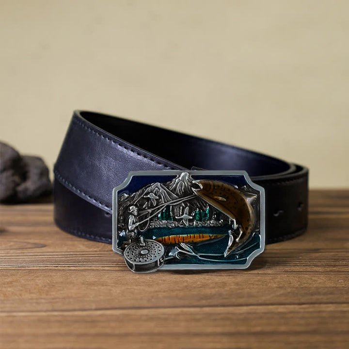 Ceinture en cuir à boucle rectangulaire en émail pour homme avec motif de pêche