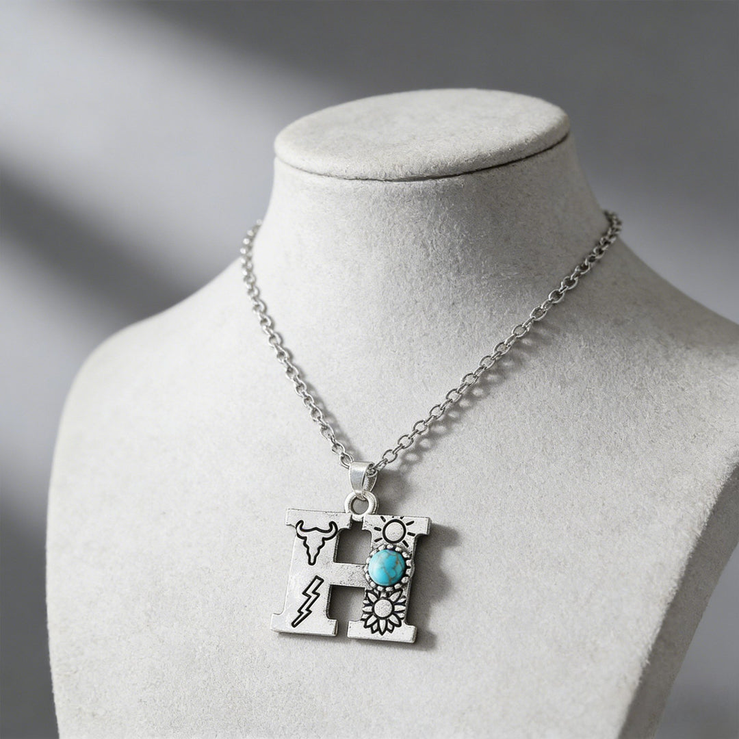 Collier vintage avec pendentif turquoise et initiale - H - image 9