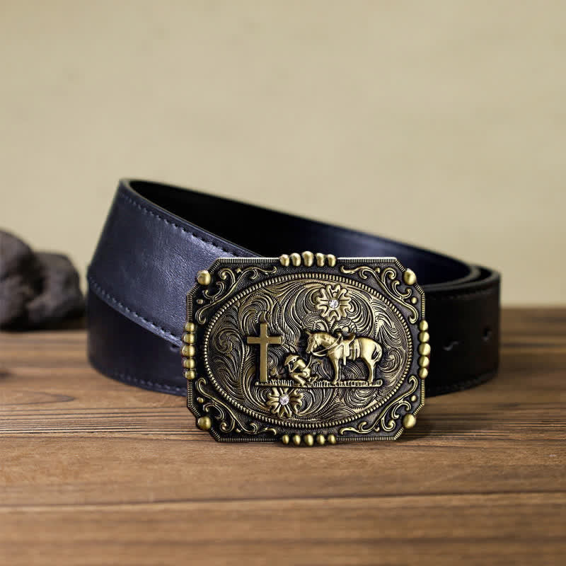 Ceinture en cuir à boucle de prière à genoux pour homme avec croix de cheval à faire soi-même