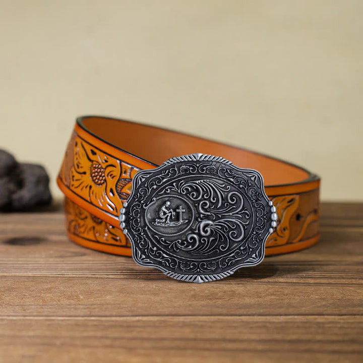 Ceinture en cuir à boucle gravée pour homme avec motif floral et prière sincère