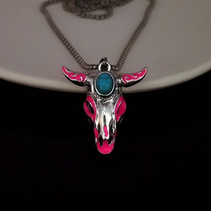 Collier vintage western pour homme avec tête de taureau phosphorescente - Rose - image 7