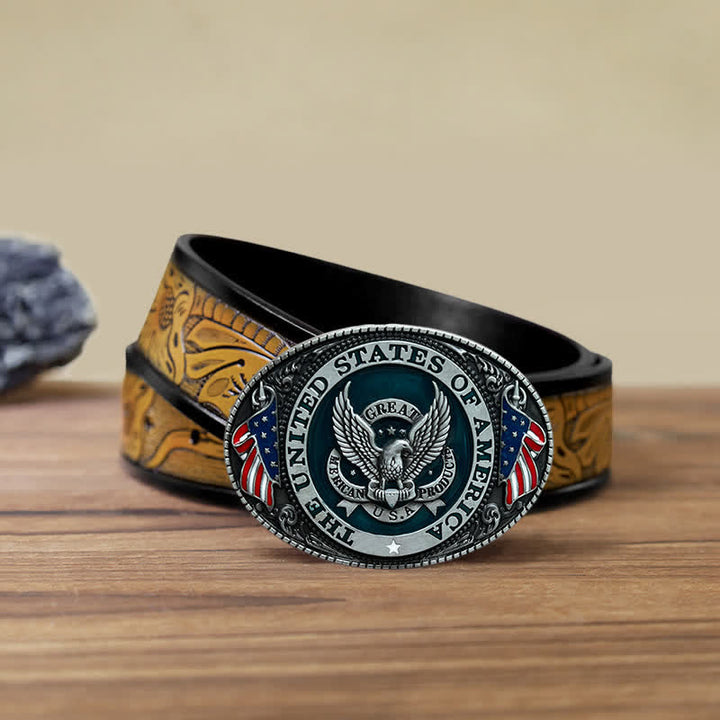 Ceinture en cuir à boucle patriotique pour homme avec drapeau aigle