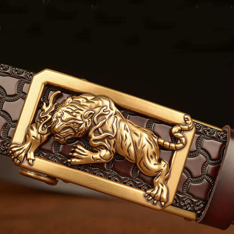 Ceinture en cuir à motif floral en relief avec boucle tigrée pour homme