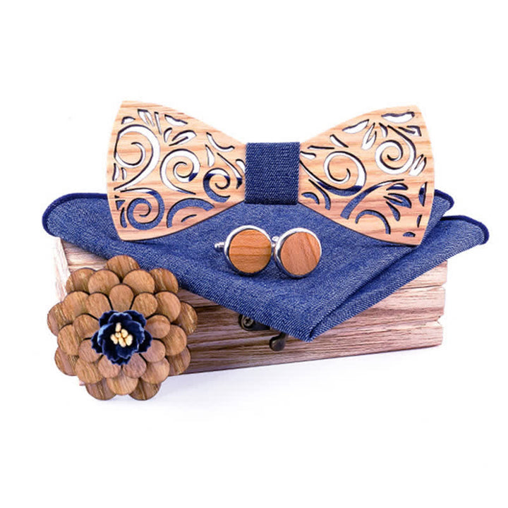 Lot de 4 nœuds papillon en bois à motif de feuilles creuses pour homme