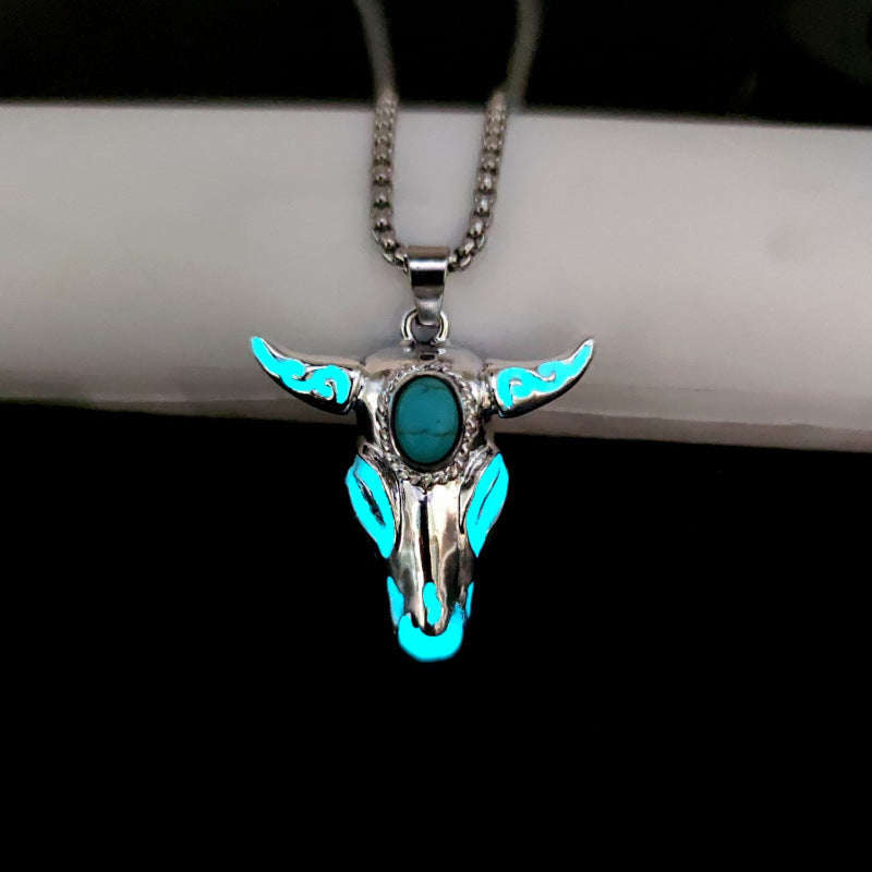 Collier vintage western pour homme avec tête de taureau phosphorescente - Sarcelle - image 8