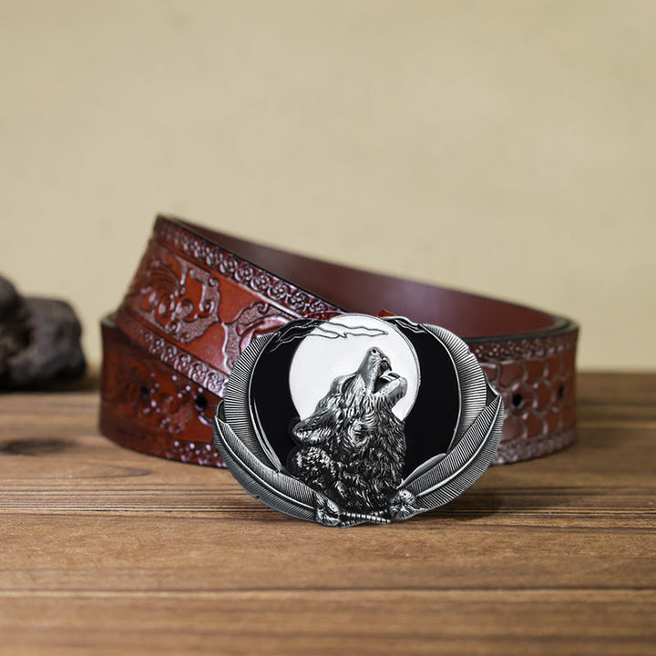 Ceinture en cuir à boucle ovale pour homme avec motif loup hurlant et lune