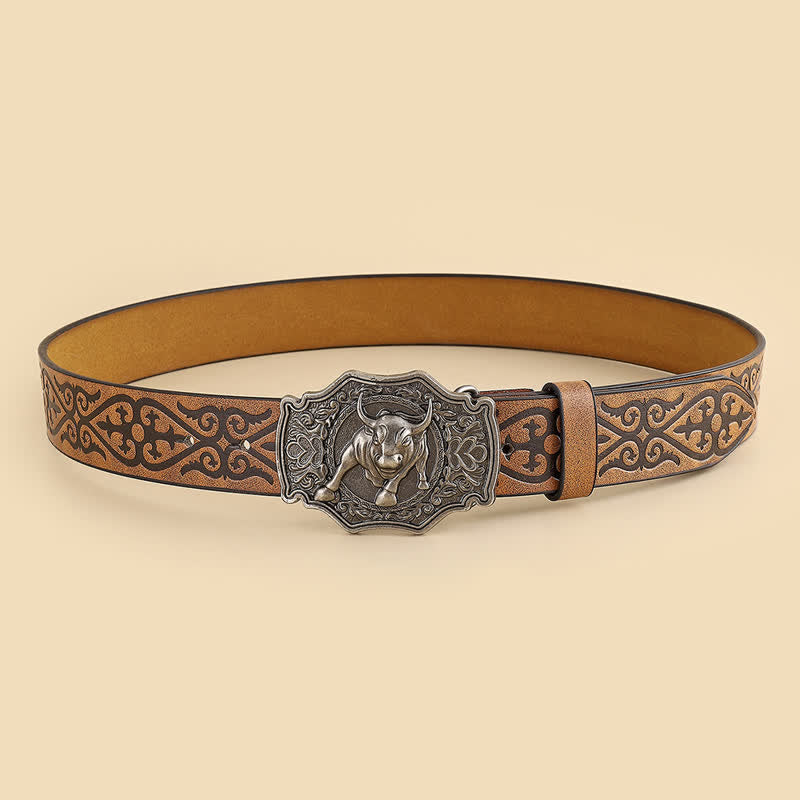 Ceinture en cuir à motif floral gravé pour homme, taureau yak matador
