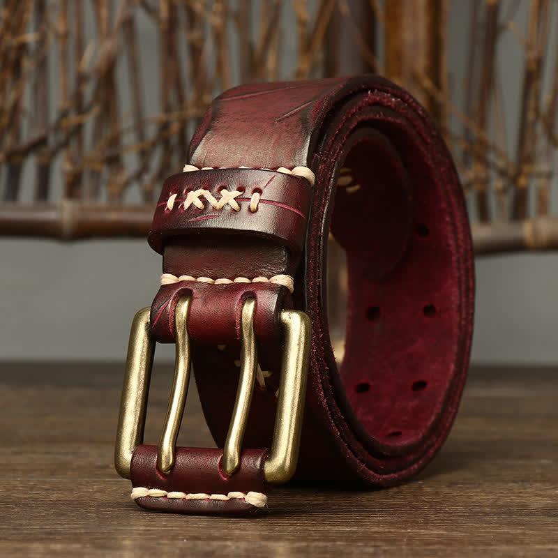 Ceinture en cuir à double boucle pour homme, effet vieilli