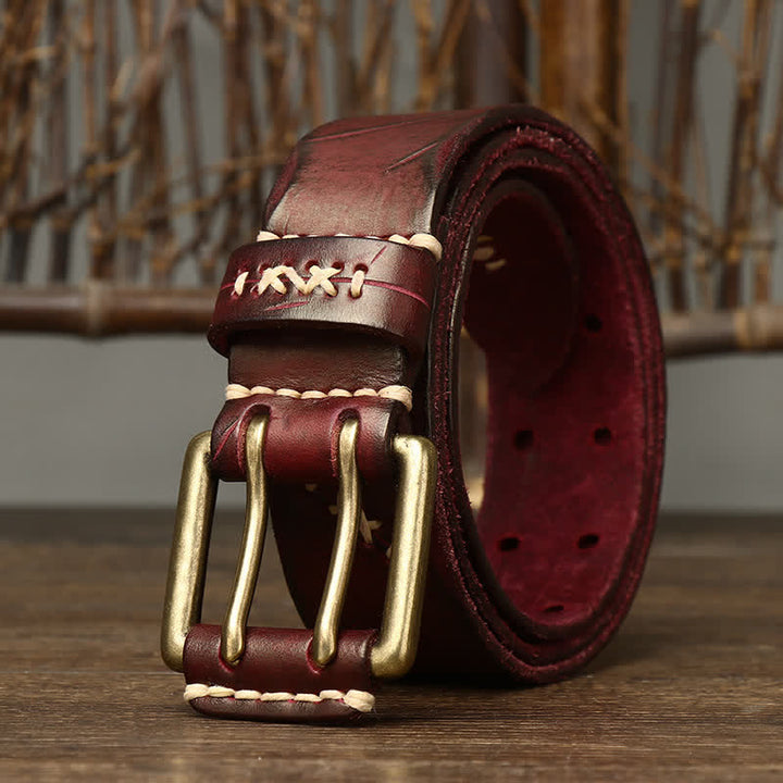 Ceinture en cuir à double boucle pour homme, effet vieilli