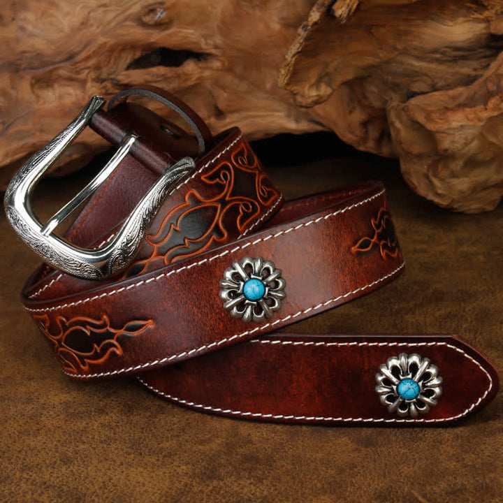 Ceinture unisexe rétro en cuir marron turquoise à fleurs