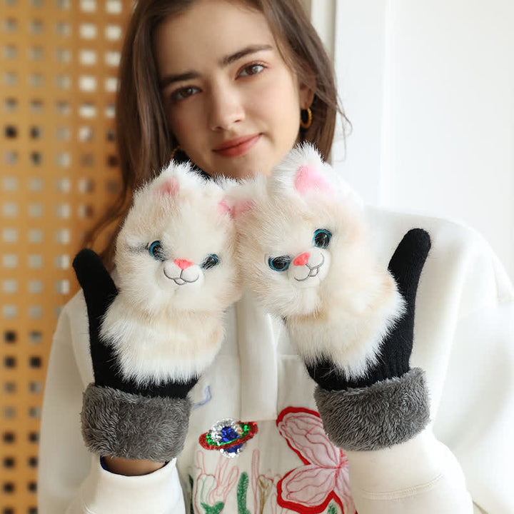 Gants mitaines en fourrure d'animaux mignons pour femmes