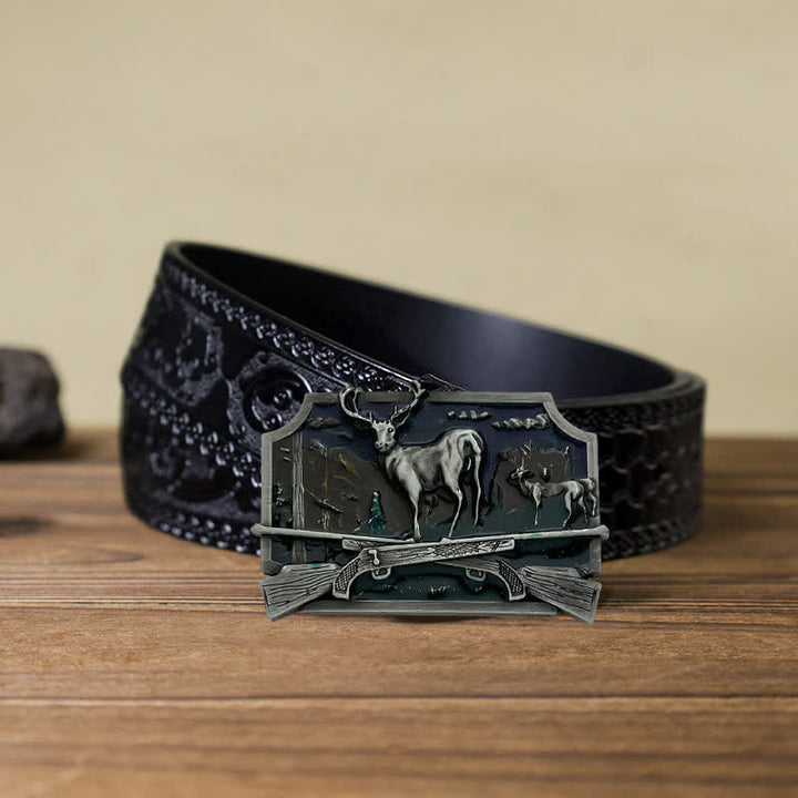 Ceinture en cuir à boucle pour homme avec fusil de chasse et cerf