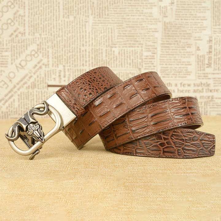 Ceinture en cuir à boucle automatique pour homme avec imprimé crocodile et tête de chèvre