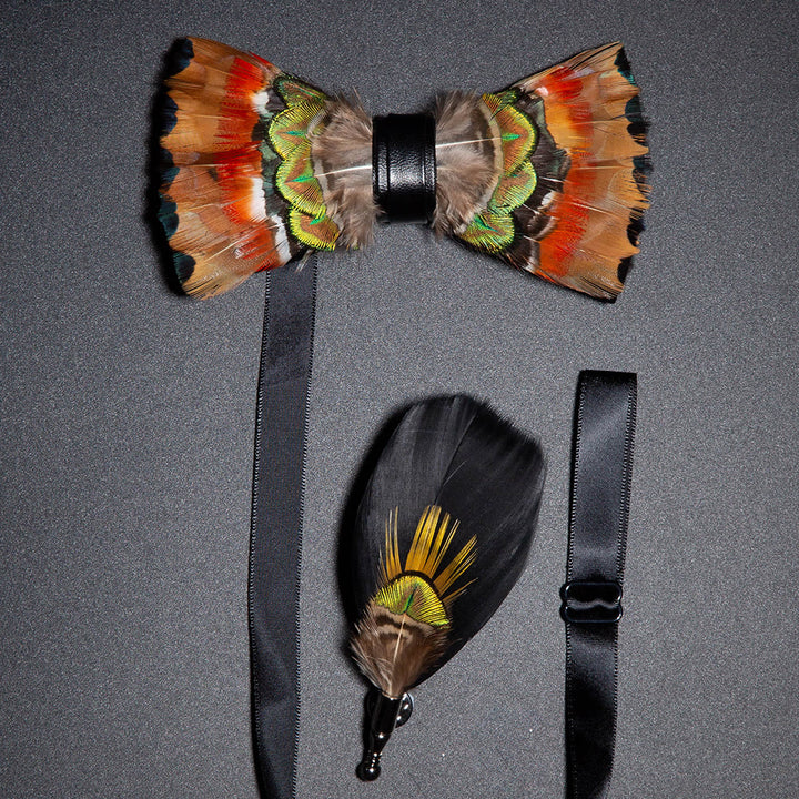Nœud papillon en plumes de phénix orange avec épingle à revers