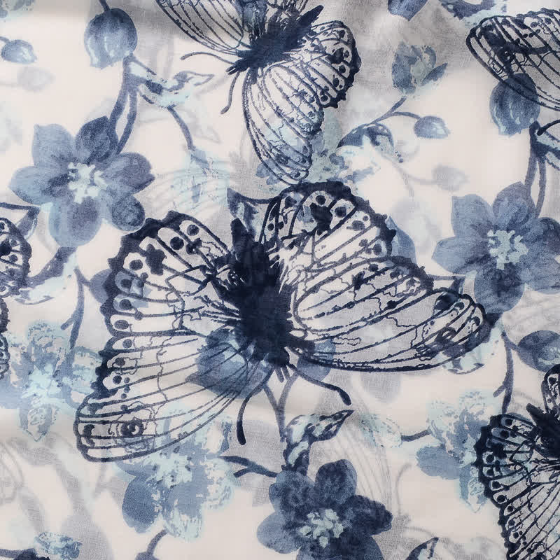 Écharpe fine à pompon et motif papillons floraux pour femme