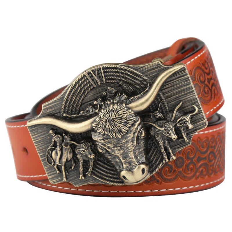 Ceinture en cuir gaufré pour homme avec motif taureau Longhorn - Orange / Bronze - 46 - image 13