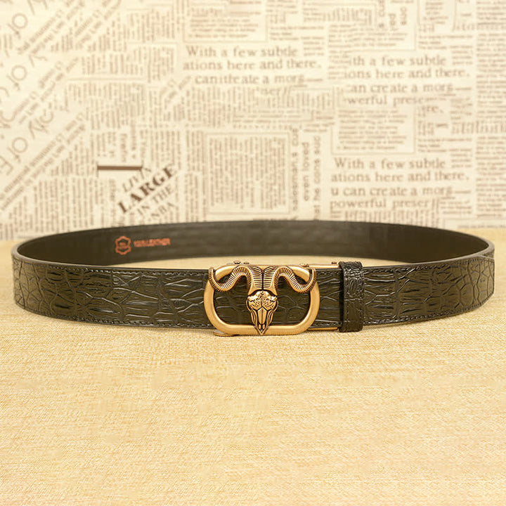 Ceinture en cuir à boucle automatique pour homme avec imprimé crocodile et tête de chèvre