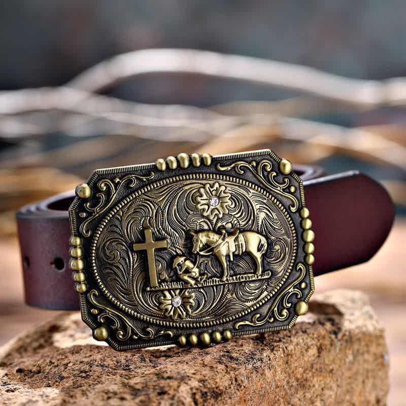 Ceinture en cuir à boucle de prière à genoux pour homme avec croix de cheval à faire soi-même