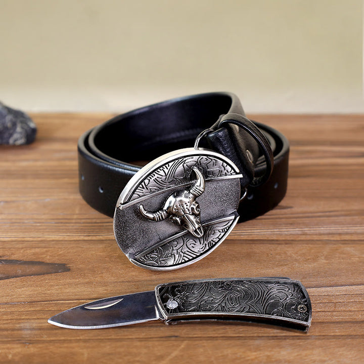 Ceinture en cuir pour homme avec tête de taureau et couteau pliant
