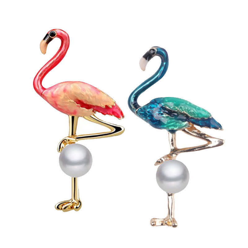 Broche flamant rose émaillée avec perle pour femme