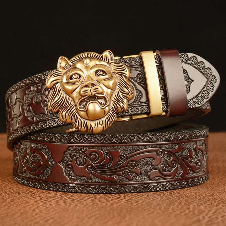 Ceinture en cuir pour homme avec tête de lion sculptée en 3D