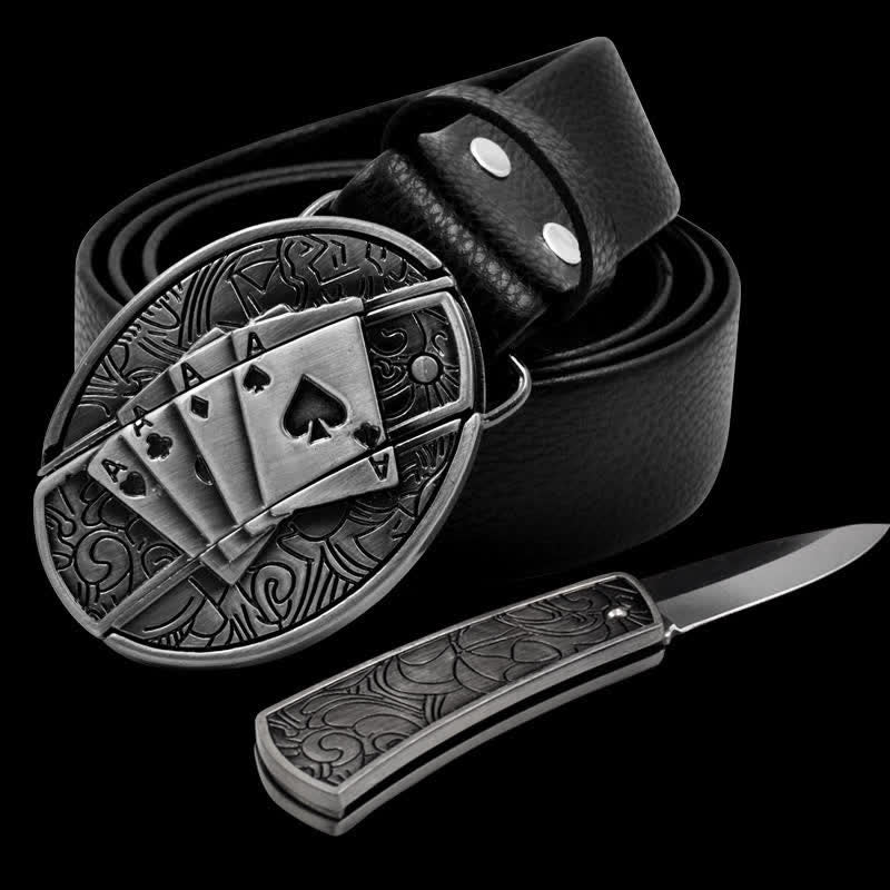 Ceinture en cuir pour homme Poker 4 Ace avec couteau pliant