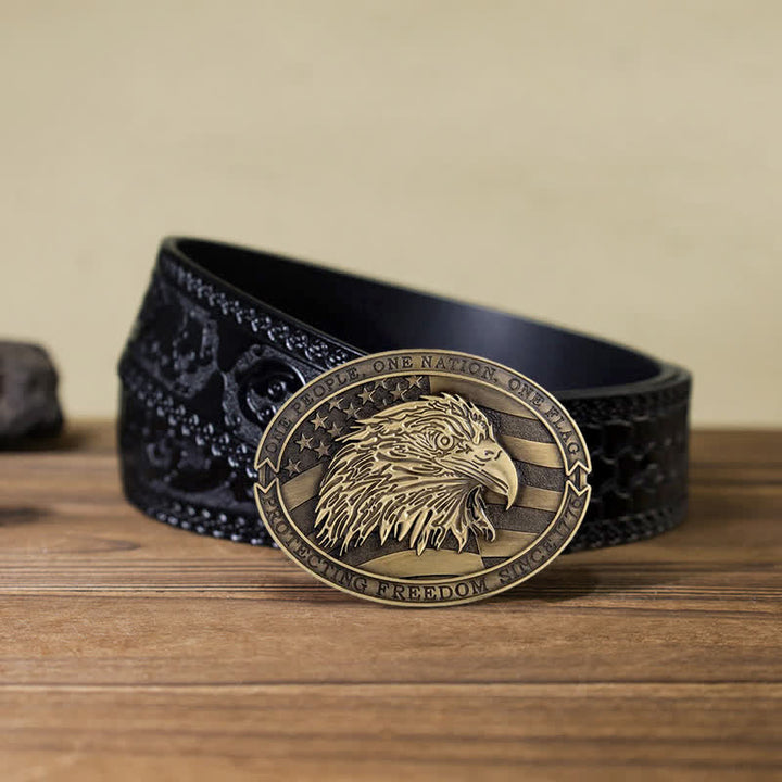 Ceinture en cuir à boucle patriotique pour homme avec drapeau américain et aigle à tête blanche