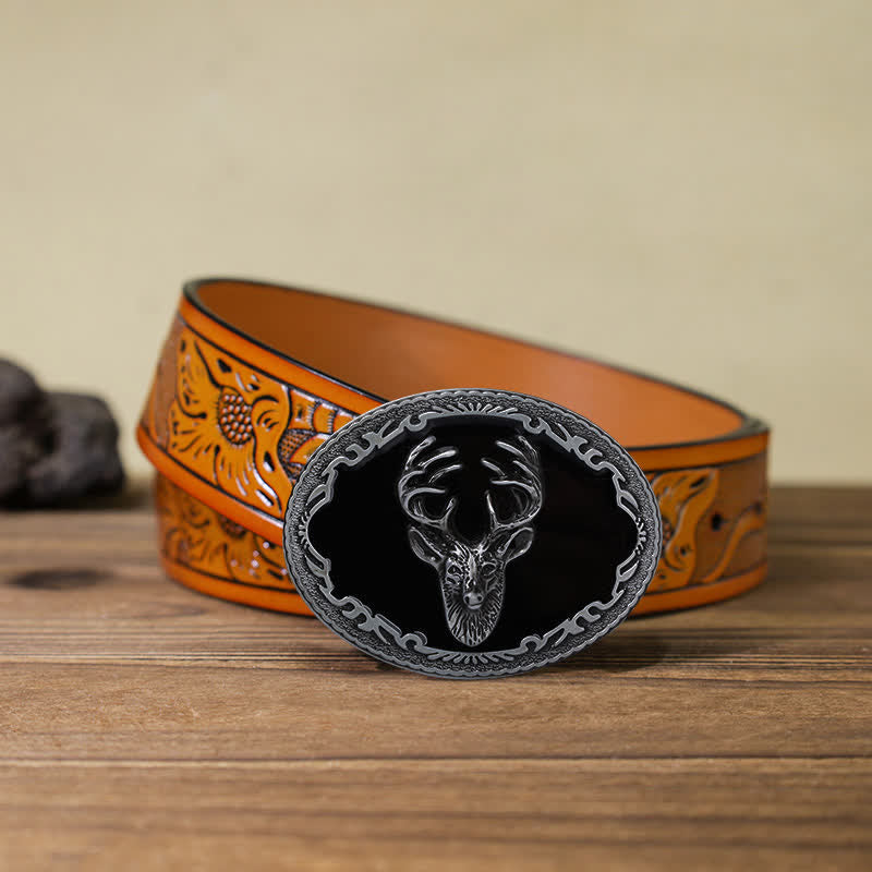 Ceinture en cuir à boucle tête de cerf noire pour homme