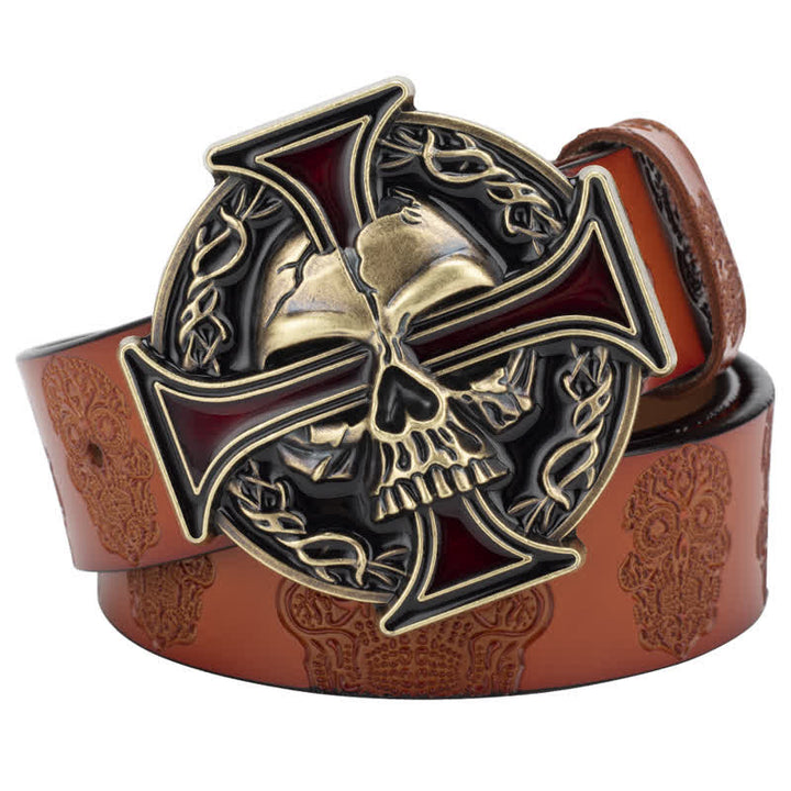 Ceinture en cuir à motif tête de mort en relief pour homme