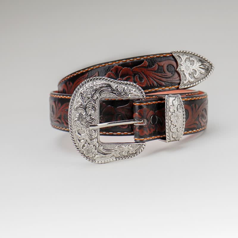 Ceinture en cuir gravé à fleurs vintage pour femme couleur café