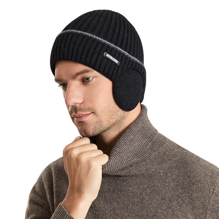 Bonnet unisexe en tricot épais et élastique avec cache-oreilles de couleur unie