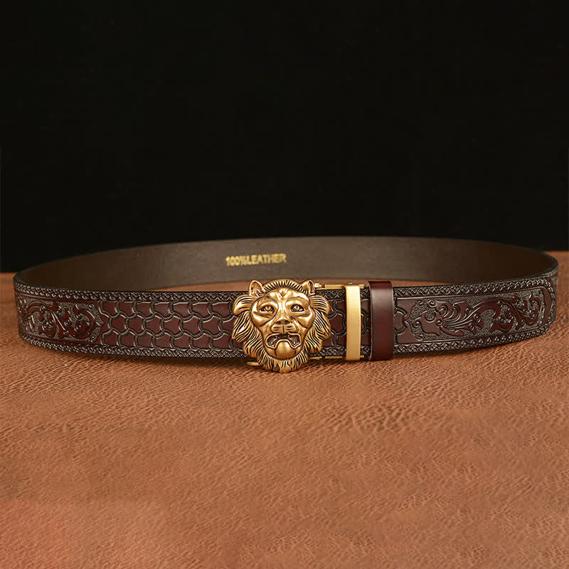 Ceinture en cuir pour homme avec tête de lion sculptée en 3D