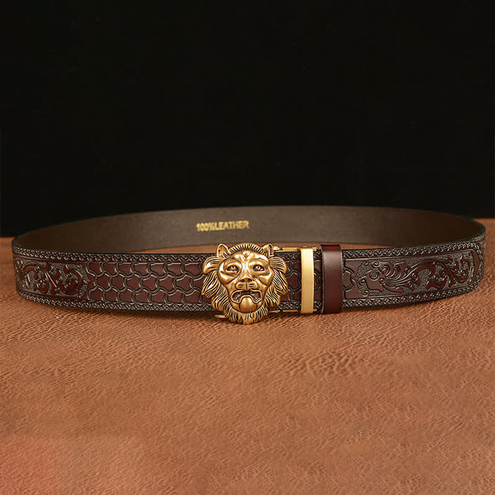 Ceinture en cuir pour homme avec tête de lion sculptée en 3D