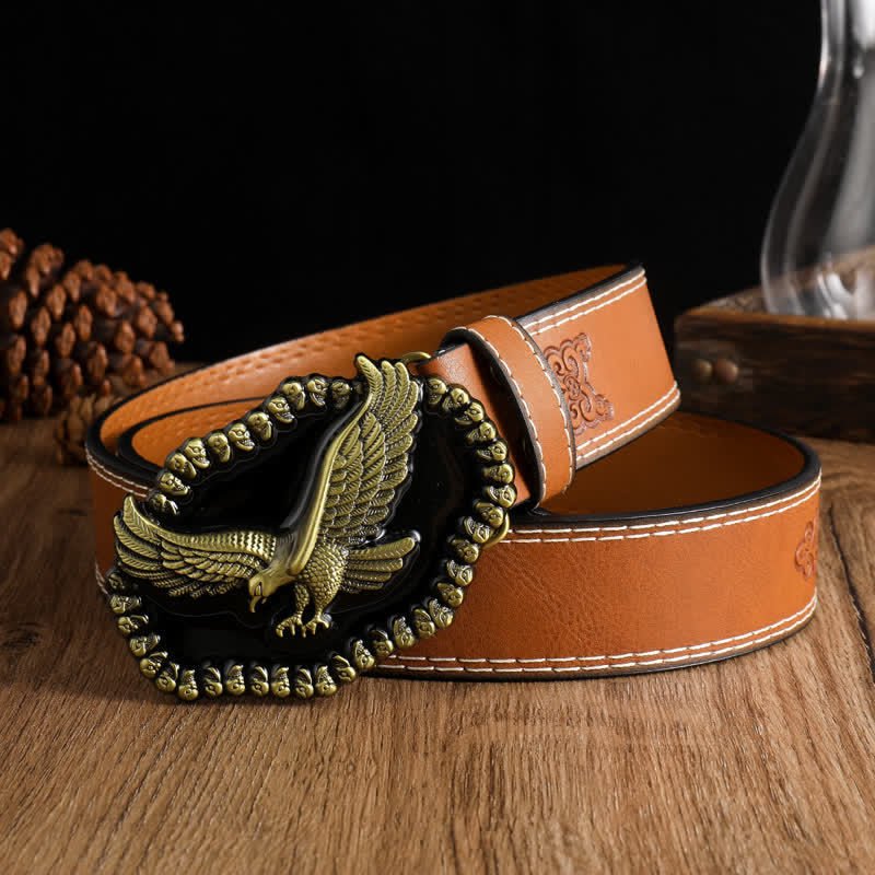 Ceinture en cuir pour homme avec motif d'aigle en or antique et faucon planant