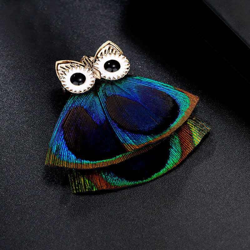 Broche en forme de hibou et de plume de paon pour femme