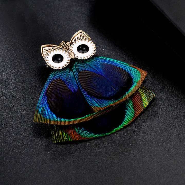 Broche en forme de hibou et de plume de paon pour femme