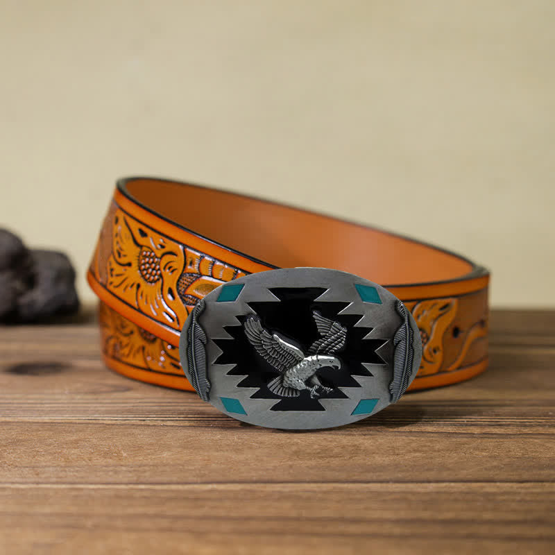 Ceinture en cuir à boucle pour homme avec motif aigle volant occidental
