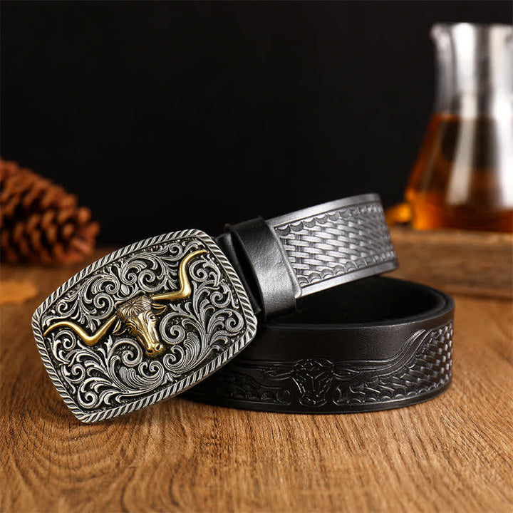 Ceinture en cuir à boucle carrée et fleur pour homme - Noir / Argent - 38 - image 0
