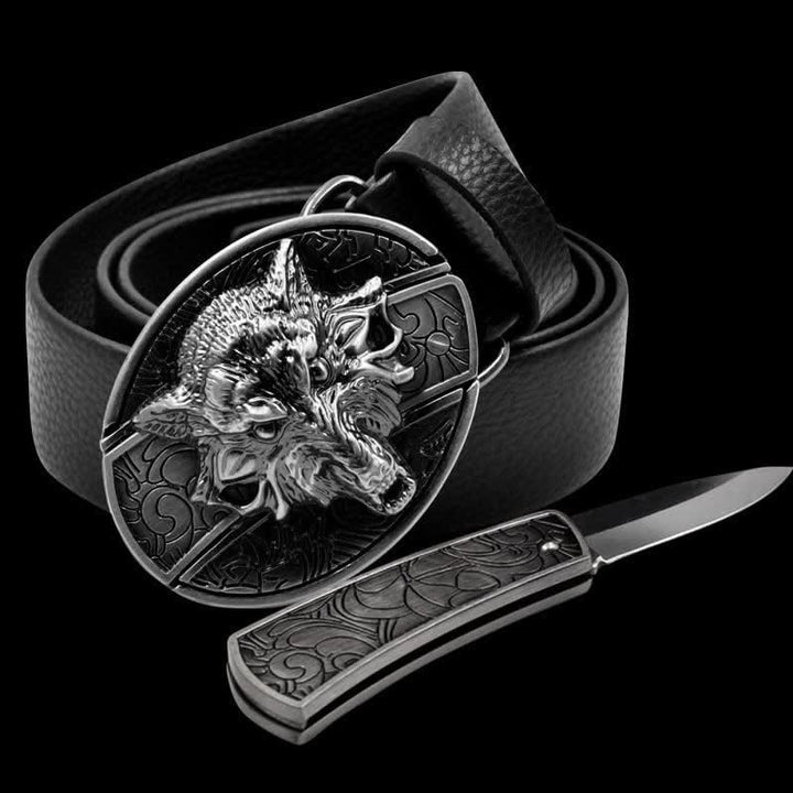 Ceinture en cuir pour homme avec couteau pliant Motif loup féroce
