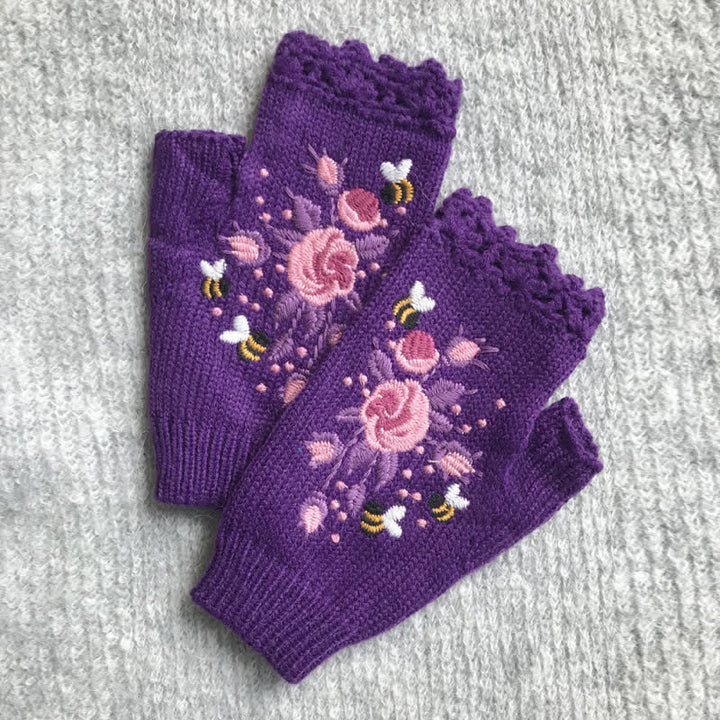 Gants tricotés demi-doigts brodés de fleurs pour femmes