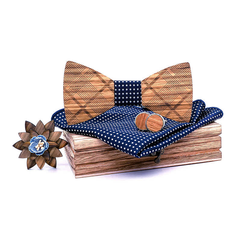 Lot de 4 nœuds papillon en bois à carreaux classiques pour hommes